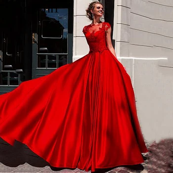 JaneVini 2020 Червен Дубай Елегантни абитуриентски рокли Дълга линия капачка ръкав дантела апликации отвесни обратно плюс размер сатенена рокля етаж дължина