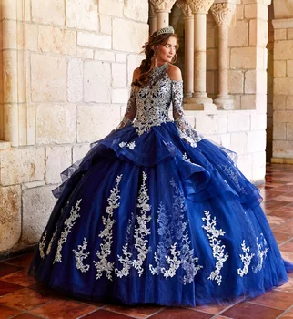 Blue Quinceanera рокли топка рокля дълги ръкави тюл апликации мъниста пухкави мексикански сладки 16 рокли Charro 15 Anos
