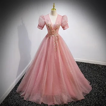 Bling пайети сладки 16 Quinceanera рокли къси ръкави V врата розов формован парти рокля бала рокля топка рокля Vestidos De 15 Anos
