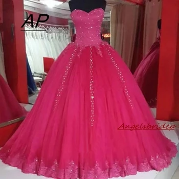 ANGELSBRIDEP Розова луксозна бална рокля Bow Fares Сватбена рокля Myriam Crystal Tulle Full-Length Vestido De Noiva Официална булка рокля