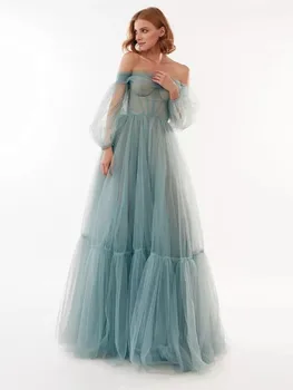 Фея сватбена рокля персонализирани синьо едно деколте дълъг ръкав плажна рокля за сватбено тържество банкет събиране