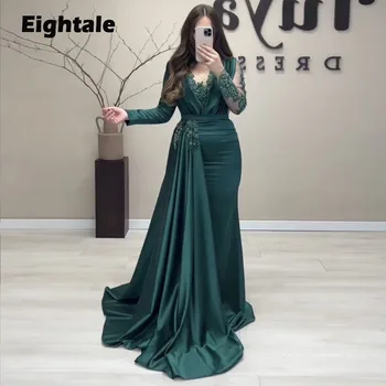 Eightale Официален повод Вечерни рокли 2023 Тъмно зелени дълги ръкави сатен русалка апликации мъниста сватбено парти рокля за бала