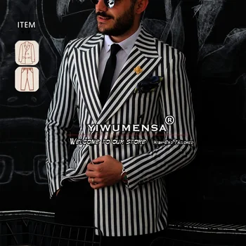 черно бяло раирано мъжко палто + панталони 2 броя мъжка мода двуреден спако комплект Официален банкет Абитуриентска парти рокля 2024