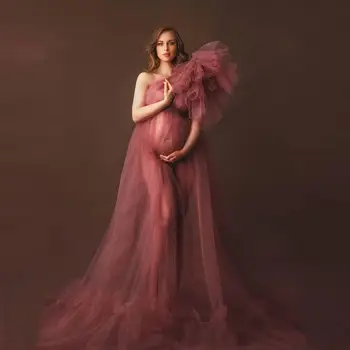елегантен едно рамо тюл майчинство рокля перспектива секси фотография фотосесия парти рокля плюс размер