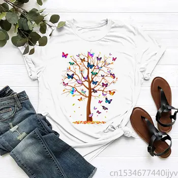 Butterfly Tree Summer Print Lady Top T Shirt Дамски Дамски Графичен Женски Tee White T-Shirt