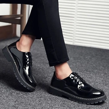 Мъжки класически кожени обувки британски стил кръгли пръсти дантела нагоре лъскави черни мокасини ежедневни работни обувки Zapatos Hombre de Vestir