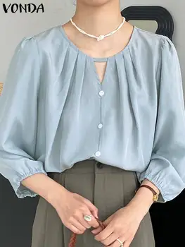 Дамска елегантна блуза 2023 VONDA Ежедневни плътни цветни ризи Летни върхове Femininas Секси V врата 3/4 фенер ръкав бохемска блуза