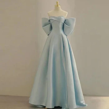 LZPOVE Небесно сини шаферски рокли за сватба 2023 Без презрамки сатен на рамото врата A-line тънък персонализирани вечерни парти рокли