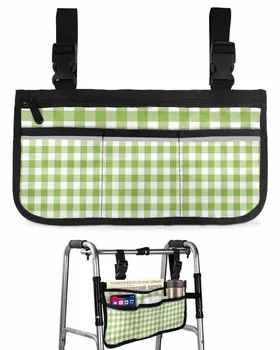 Green White Plaid инвалидна количка чанта с джобове отразяващи ленти подлакътник странични чанти електрически скутер ходене рамка съхранение торбичка