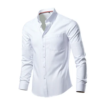 Бяла мъжка рокля ризи твърди дълъг ръкав участък без бръчки официална риза бизнес случайни бутон надолу ризи блузи