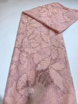 Ръчно изработена розова перла и кристална последователност плат дантела плат 2023 висококачествена ръчно изработена дантелена тъкан за сватбена рокля