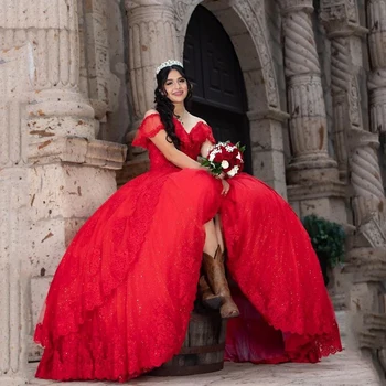 червен 15 парти секси червена топка рокля Quinceanera рокли без презрамки апликация дизайн тюл официален Пепеляшка рожден ден