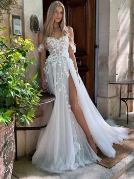 Haohao Скъпа сватбена рокля Странична разделена дължина на пода за жени Булчински рокли 2022 3D цветя от робата на Shouder De Mariee