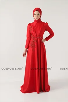 Апликации от червен сатен Мюсюлмански вечерни рокли с пълен ръкав Високо деколте ислямски жени официална парти рокля Арабски Дубай халат De Soiree
