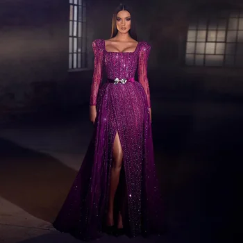 Луксозен Дубай Fuchsia знаменитост рокли A-линия пайети мъниста дълги ръкави страна сплит вечерна рокля по поръчка