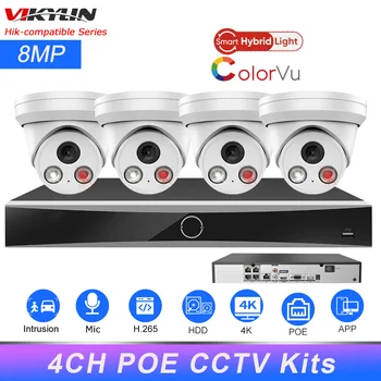 Vikylin 4K комплекти за видеонаблюдение 4CH PoE AcuSense HIK NVR DS-7604NXI-K1 / 4P 8MP Интелигентна хибридна светлина IPC камери Система за сигурност HIK-Connect 