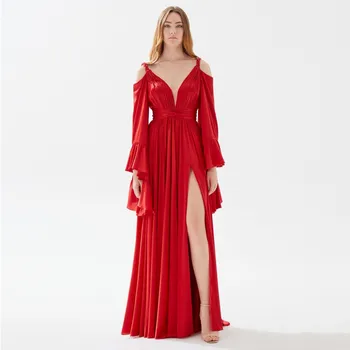 Елегантен червен A линия парти рокли за жени V врата дълги ръкави висока страна цепка етаж дължина нагънат колан абитуриентски вечерни рокли