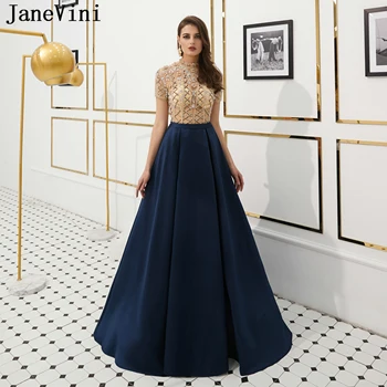 JaneVini 2019 Луксозна линия Арабски дълги абитуриентски рокли Високо деколте къси ръкави тежки мъниста тъмно синя сатенена рокля Vestidos De Gala