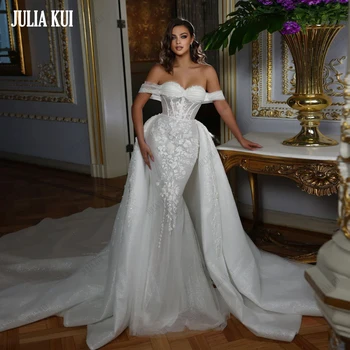 Julia Kui Bling Апликации дантела Скъпа русалка сватбени рокли елегантен 2 в 1 разстояние рамото ръкави жени тромпет булчински рокли