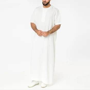 Мъжки плътен цвят мюсюлмански халати саудитски стил цип Jubba Thobe мъж реколта къс ръкав O врата мюсюлмански арабски ислямски облекло 5XL