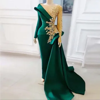 Зелени дълги ръкави вечерни рокли с дълги ръкави дантела апликации мъниста русалка абитуриентски рокля плюс размер жени рожден ден вестидос