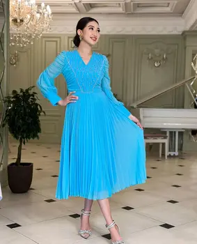 Blue A-Line шифон Абитуриентски рокли 2023 V-образно деколте мъниста дълги ръкави Дължина до чая Елегантни рокли Vestidos De Formal повод