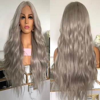 Платинена сребърна сива вълнообразна синтетична коса 13X4 дантела предни перуки без лепило с висока плътност топлоустойчива влакнеста коса за модни жени