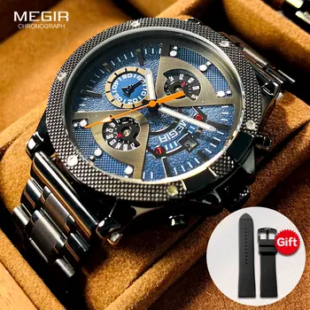 MEGIR мода аналогов кварцов часовник мъже черен часовник от неръждаема стомана с хронограф дата светещи ръце свободни резервни ленти 2216