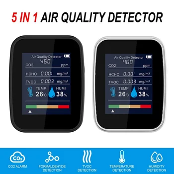 5 in1 Детектор за качество на въздуха CO2 HCHO TVOC Сензор за температура и влажност Тестер Монитор за качеството на въздуха за кола спалня офис