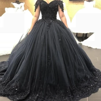 ANGELSBRIDEP Черни готически сватбени рокли Cap-рамо дантела апликация съд влак официална роба De Soirée де Mariage за булчински