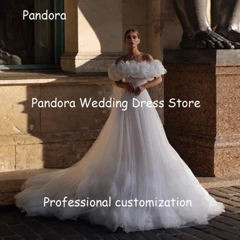 Pandora Tulle A-line Off-the-shoulder Ruffle Слонова кост булчински рокли Дължина до пода Елегантни официални сватбени рокли за жена 2024