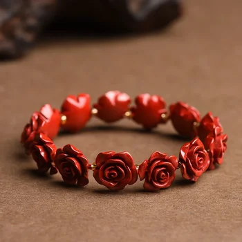 червен цинобър роза цвете мъниста гривна дизайнер подарък бижута луксозна енергия недвижими реколта гривна естествен амулет персонализирани