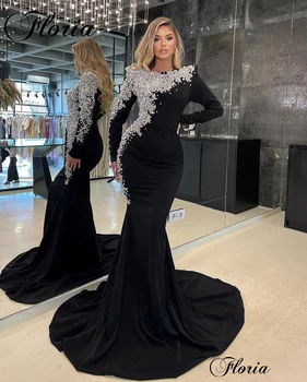 Официални черни вечерни рокли за жени 2023 Мъниста дълги ръкави знаменитост рокли с кристали Халати De Soirée Pageant рокли