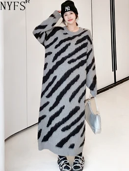 NYFS 2023 Зимна нова корейска пуловер рокля Vestidos роба Elbise хлабав плюс размер плета печат жена дълги рокли
