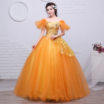 Нова златна тюл Quinceanera рокли къдри от рамото Дължина до пода рокля рокля елегантна класическа дантела флорална роба De Bal