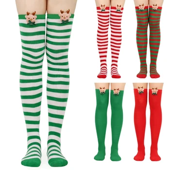 Жените Коледа над коляното дълги чорапи карикатура 3D лосове Bowknot раиран печат бедрото високи чорапи празнично парти трикотаж
