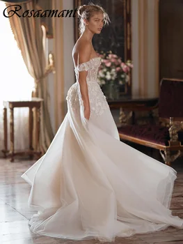 Луксозни 3D цветя мъниста кристални сватбени рокли A-линия от рамото булчински рокли роба De Mariée