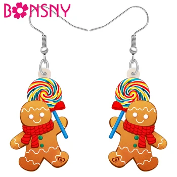 BONSNY Акрилна сладка близалка Gingerbread Man Обеци Новост Коледни орнаменти за жени момичета Детски чар парти подаръци