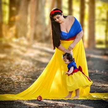 Принцеса момичета рокля мама и мен съвпадение рокля фотосесия дълбоко V врата синьо жълто с влак майчинство халат фотография рокля