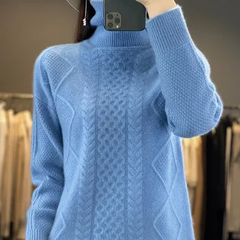 2023Есен Зима Нов вълнен пуловер Дамски пуловер с висок врат с дълъг ръкав 100% чист вълнен тежкотоварен жакард удебелен пуловер