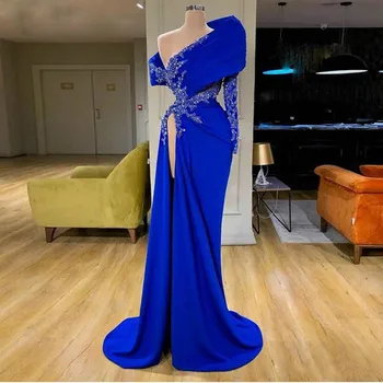 Секси кралско синя русалка вечерни рокли едно рамо дантела мъниста висока страна сплит абитуриентски рокля почистване влак сатен парти износване