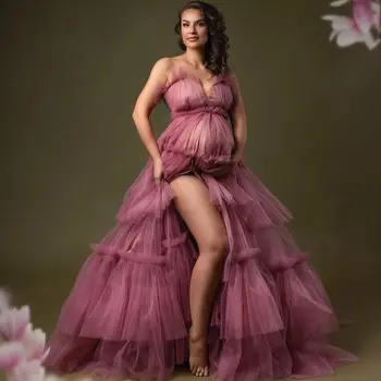 Розов тюл A линия вечерни рокли за бременни жени диференцирани без ръкави майчинство рокли къдри етаж дължина фотография халати