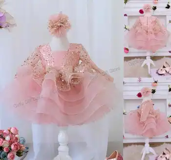Розова рокля за рожден ден за малко дете Tutu Sequined цвете момиче рокля дълъг ръкав блестящ абитуриентски специален повод бебешка рокля