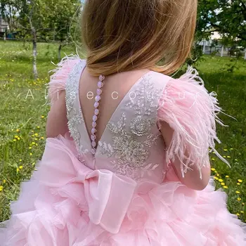 BABYONLIN Причастие рокля блясък блестящи мъниста с пера лък вечерно парти пухкава топка рокля цвете момиче дете малко дете сватба