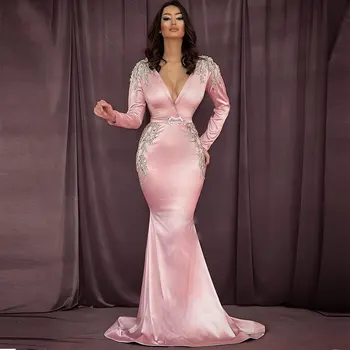 Kadisua Официална луксозна розова вечерна рокля за жени 2023 Апликации с дълъг ръкав V-образно деколте Мъниста русалка Дължина на пода فساتين حفلات