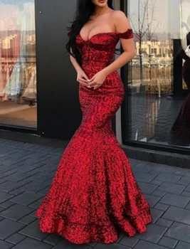 Червен секси извън рамото русалка абитуриентски рокли Блестящи пайети Вечерна парти рокля с дължина на пода Персонализирана мода Vestidos De Gala