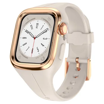 Мека силиконова каишка + калъф за Apple Watch 8 7 6 5 4 3 SE китка лента жена гривна за IWatch 41mm 40mm 38mm метален капак на часовника