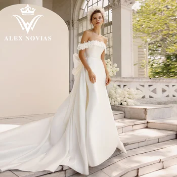 ALEX NOVIAS русалка сатенена сватбена рокля 2023 романтична лодка врата цветя подвижна влак сватбена рокля vestidos novias de saten