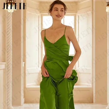 JEHETH Безгръбначна дълга абитуриентска рокля Зелена секси V деколте спагети каишка вечерна рокля Ruffle Party Корея Дължина на глезена Vestidos De Noche