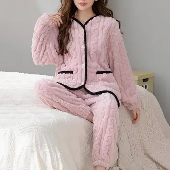 Дамски комплект за домашно облекло Уютно зимно домашно облекло Плюшен цвят Съвпадение Пижамен комплект с V деколте палто Еластични панталони за жени